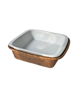 Plat carré porcelaine et rotin naturel miel Dhala