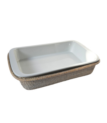 Plat rectangulaire porcelaine et rotin blan céruséSalay