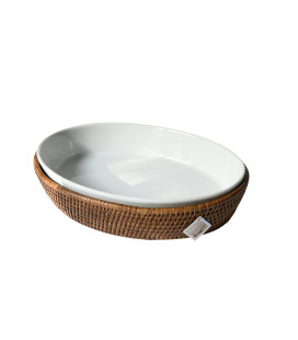 Plat sabot ovale porcelaine et rotin naturel miel Kauk