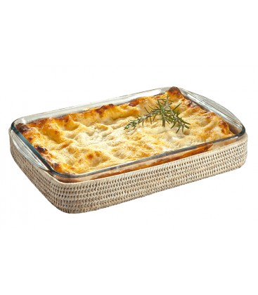 Plat à gratin Lasagnes - Pyrex et rotin blanc cérusé